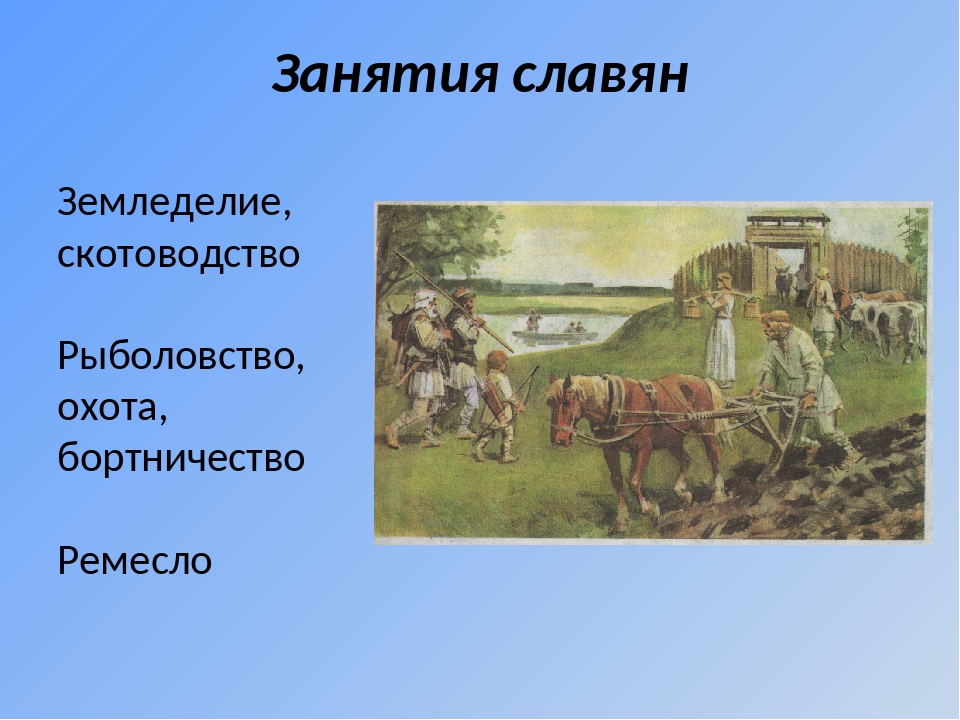 Назвать главные занятия славян. Занятия древних славян. Занятия славян земледелие. Занятия восточных славян скотоводство.