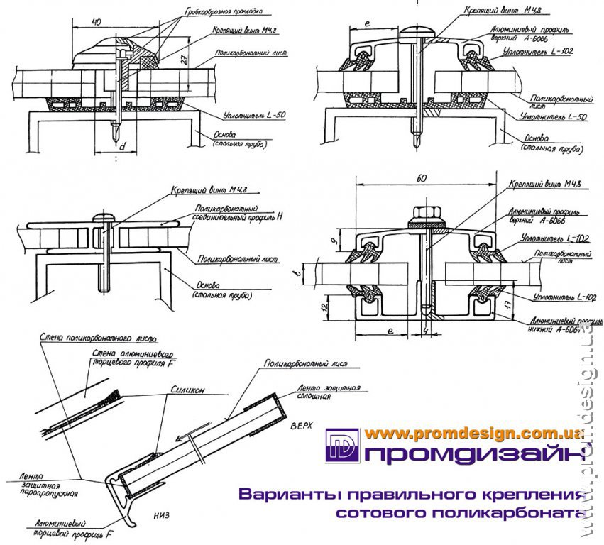 Схема крепления поликарбоната к металлическому каркасу расстояние между саморезами